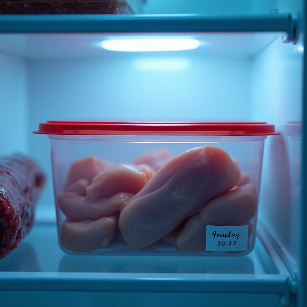 Carne crudă ambalată și depozitată corect în frigider pe raftul inferior
