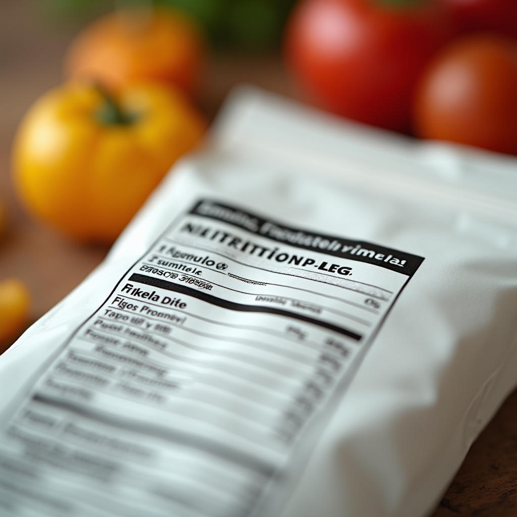 Detaliu eticheta nutrițională a unui produs alimentar cu informații despre ingrediente și date