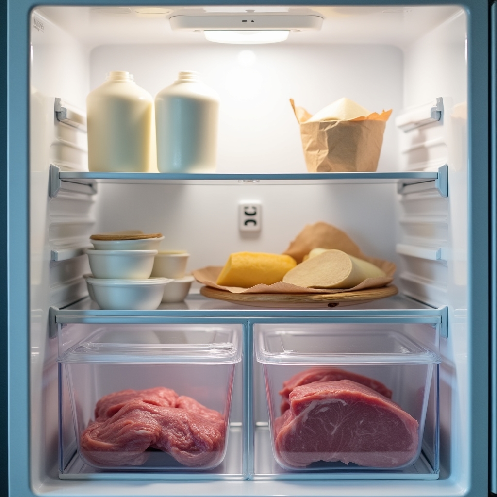 Frigider organizat cu carne și lactate depozitate corect pe rafturi separate